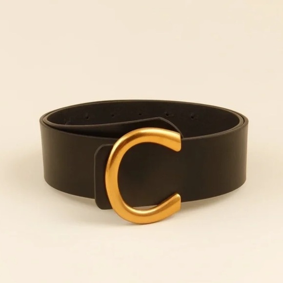 Black vegan leather gold buckle high waisted belt - Picture 3 of 7
